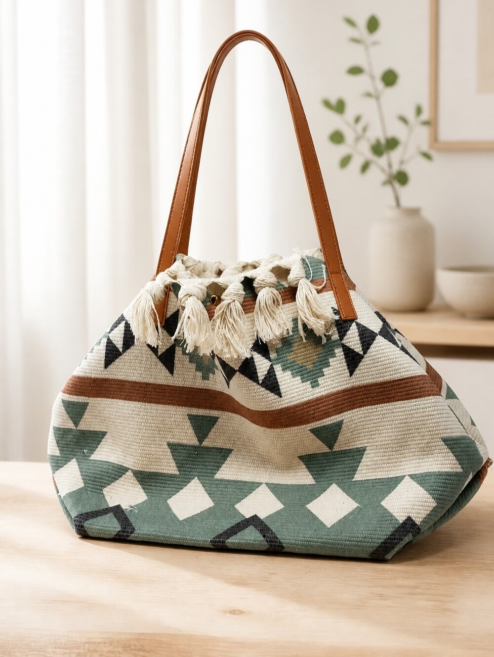 Le Miel Aztec Print Tassel Trim Large Canvas Tote Bag Nee
